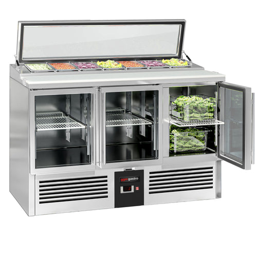 Commercial Saladette Counter PREMIUM - 1365mm - 248L - 3 glass doors - open top for 7 x GN 1/3 & glass lid