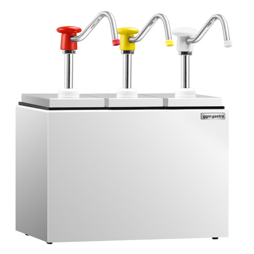 Commercial Condiment Dispenser - 3x 2.5 litres - with container - incl. stainless steel frame - adjustable dose - Plastic containers, stainless steel rack - 190x355x268mm