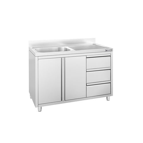 RST-allaskaappi PREMIUM - ruostumattomasta teräksestä - 1200x700 mm - 3 vetolaatikkoa - 1 allas - allas vasemmalla