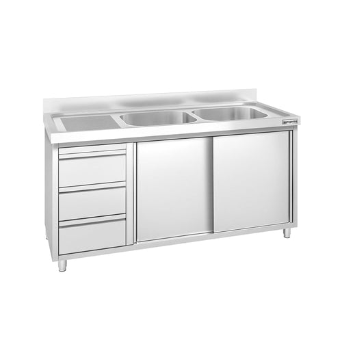 Commercial Sink Cabinet PREMIUM – Stainless Steel – 1400 × 700 mm – with 3 Drawers & Twin Right-Hand Bowls