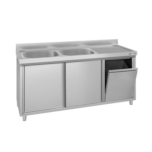Commercial Sink Cabinet ECO - Stainless Steel – 1600 × 700 mm – with Waste Bin & Twin Left-Hand Bowls