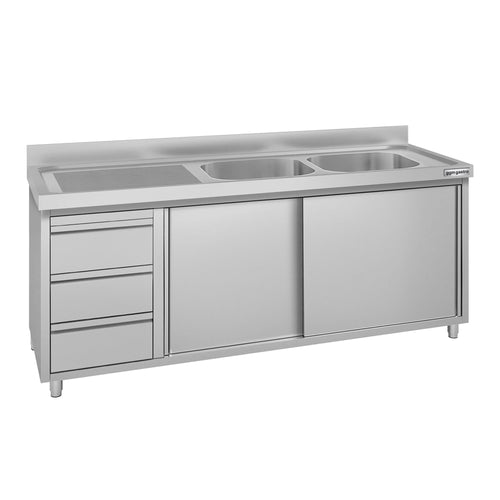 Commercial Sink Cabinet ECO - Stainless Steel – 2000 × 700 mm – with 3 Drawers & Twin Right-Hand Bowls