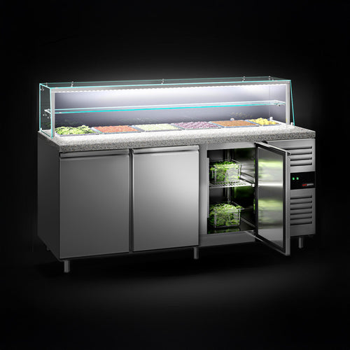 Salaattipöytä PREMIUM - 2 020 mm - 580 l - 3 ovea - lasisuoja 5x GN 1/1 & 1x GN 2/4 varten & 1 hylly