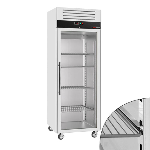 Commercial Upright Freezer Stainless steel ECO - GN 2/1 - 700L - with 1 glass door & Support grids & stainless steel rails - On castors