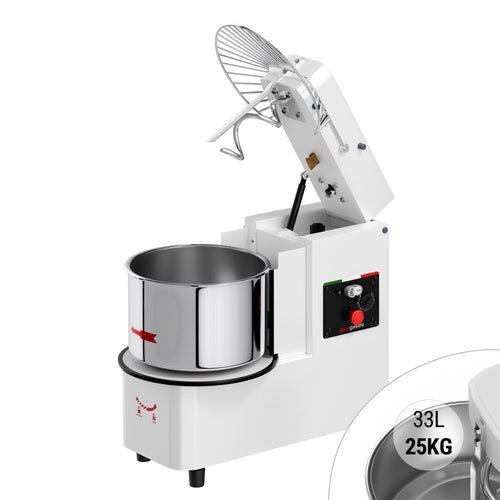 Taikinakone ammattikäyttöön - 33 l / 25 kg - 1-nopeuksinen - irrotettava kulho ja kallistettava sekoituspää - ajastin - 400 V