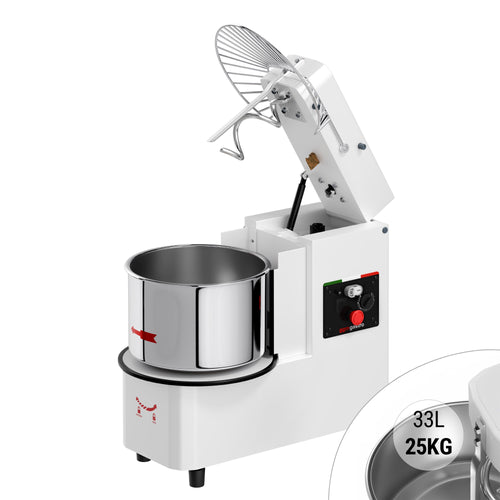 Taikinakone ammattikäyttöön - 33 l / 25 kg - 2-nopeuksinen - irrotettava kulho ja kallistettava sekoituspää - ajastin - 400 V