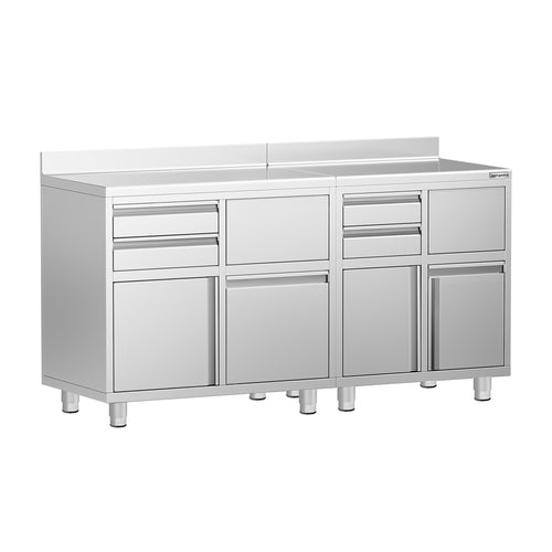 Commercial Stainless Steel Coffee Station & Worktop Floor Cupboard - for Coffee Machine - 1400x600mm - with 4 Drawers, 2 Doors, 2 Tilting Knockout Drawers - with Rear Upstand