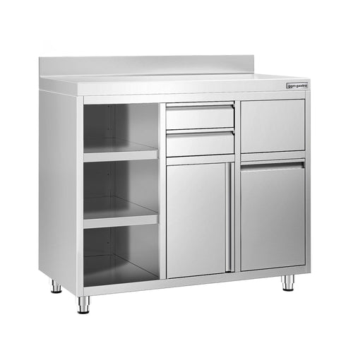 Ruostumattomasta teräksestä työkaappi - 1292x600 mm - 2 vetolaatikkoa vasemmalla, 1 saranaovi - roiskesuoja