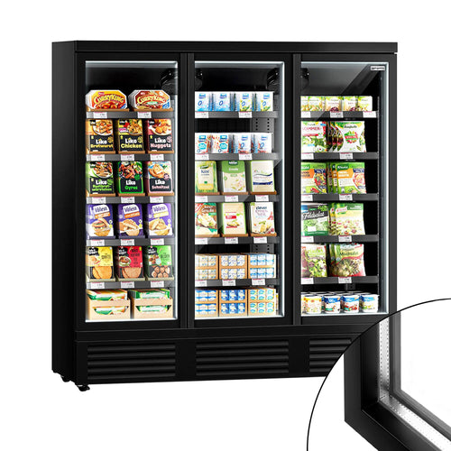 Commercial multideck display fridge - 1890mm - 1539L - with 3 double‑glazed hinged glass doors & 5 shelves - Black