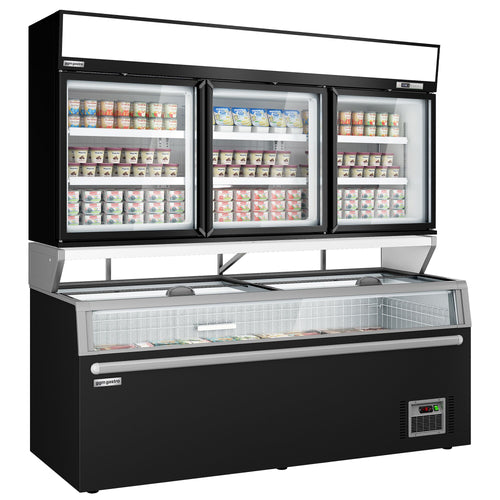 Supermarket- Lasiovellinen seinäpakastekaappi - 2104 mm - 346 l - -22 – -18 °C - mukana 3 lasiset saranaovet & 6 hyllyä - sis. pakastesaari - musta
