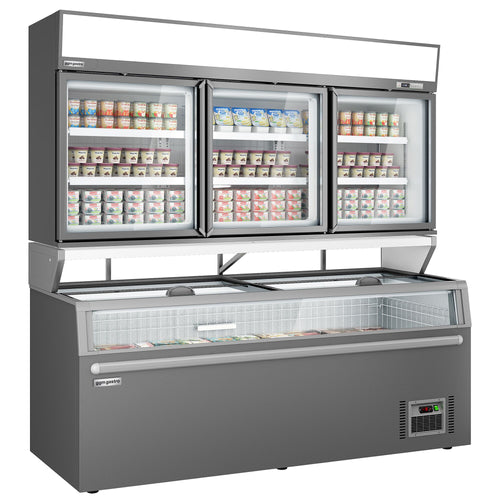 Supermarket- Lasiovellinen seinäpakastekaappi - 2104 mm - 559 l - -18 – -22 °C - mukana 3 lasiovet & 6 hyllyä - sis. pakastesaari - harmaa