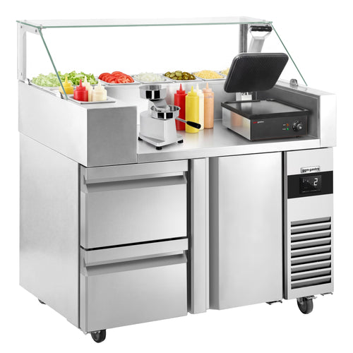 Salaattipöytä - 1210x700 mm - 1 ovi & 2 vetolaatikkoa - varten 9x GN 1/6 - sis. parilagrilli & pihviprässi