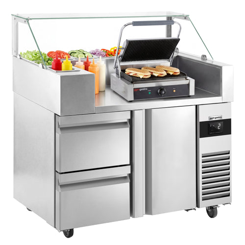 Salaattipöytä - 1210x700 mm - 1 ovi & 2 vetolaatikkoa - varten 9x GN 1/6 - sis. parilagrilli