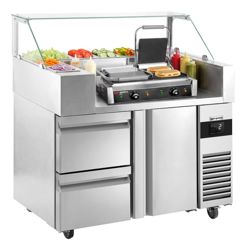 Salaattipöytä - 1210x700 mm - 1 ovi & 2 vetolaatikkoa - varten 9x GN 1/6 - sis. parilagrilli