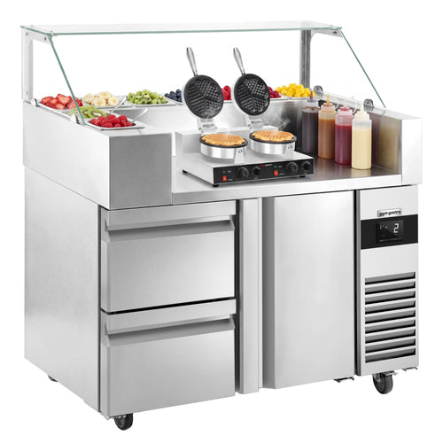 Salaattipöytä - 1210x700 mm - 1 ovi & 2 vetolaatikkoa - varten 9x GN 1/6 - sis. vohvelirauta