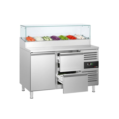 Commercial Prep Counter PREMIUM - 1360x700mm - with 1 Door & 2 Drawers - for 7x GN 1/3 - incl. Glass sneeze guard