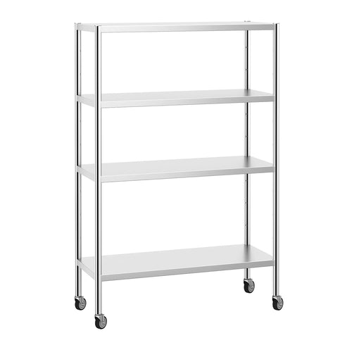 Ruostumaton teräshylly PREMIUM - 1200x500 mm - Syvyys: 500 mm - 4 hyllytasoa (SÄÄDETTÄVÄ) - 4 pyörää - Kantavuus: 320 kg