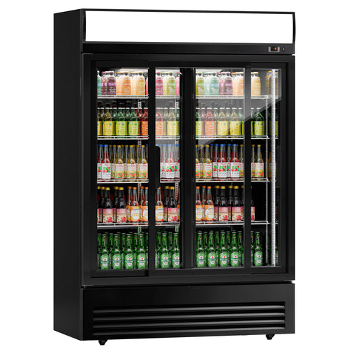 Commercial Beverage Display Fridge with Illuminated Canopy - 1295mm - 880 Litres - with 2 sliding glass doors - LED lighting - digital controller with temperature display - Black - Temperature range 2 to 8 °C