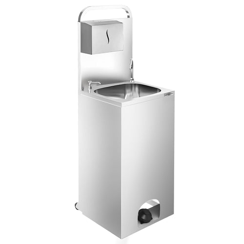 Commercial Mobile Hand Wash Sink - Stainless steel - with foot-pump, soap dispenser & paper towel dispenser