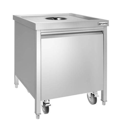 Roska-astia - kulmikas - roll-konttivaunu - etuluukku - heittoaukko - 50 litraa - 700x700x870 mm - varusteena pehmeästi sulkeutuva kansi, irrotettava sisäastia, ulosvedettävä - ruostumaton teräs