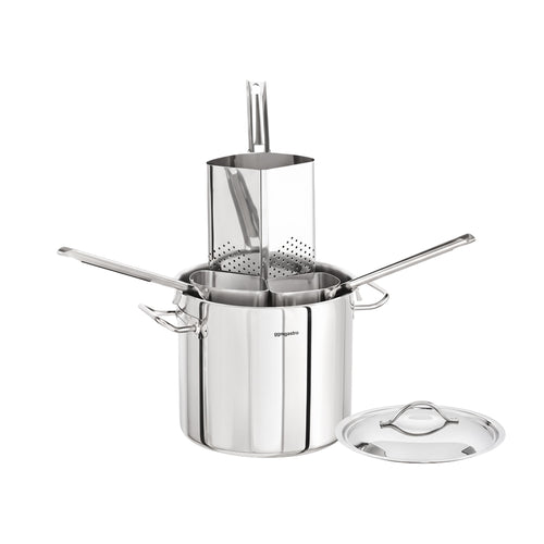 Pastakattila - Ruostumaton teräs - 8,0 l - Ø 240 mm - Korkeus: 195 mm - sis. 3 siivilää - kolmikerrospohja; sopii induktiolle; sopii kaasulle; sopii keraamiselle liedelle; sopii sähkölevylle; konepesun kestävä