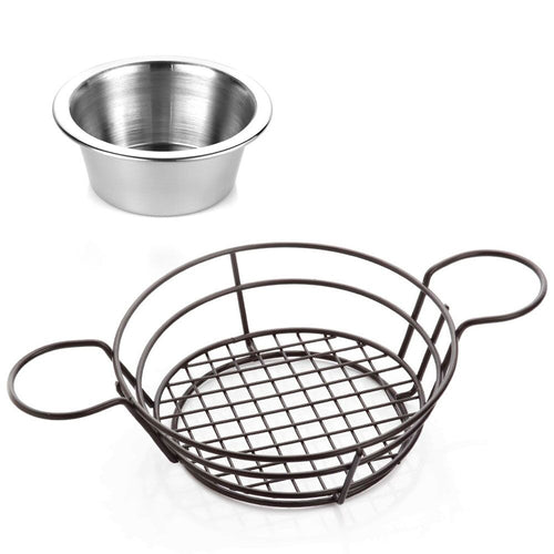 (15 pcs) Serving Basket - SNACKHOLDER - Stainless Steel - Round - Ø210mm - with Dip Cups