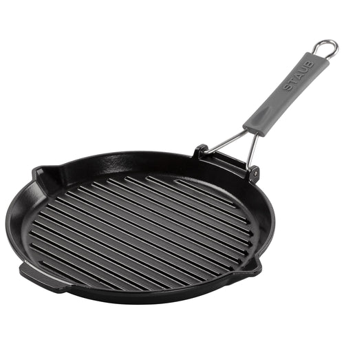 STAUB | Pure Grill Round Cast Iron Grill Pan – Ø28 cm - Black - Spout & Folding Silicone Handle