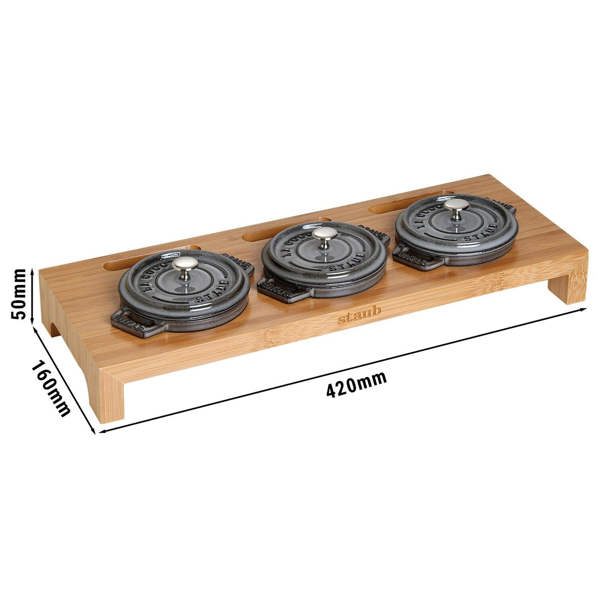 STAUB | SPECIALITIES - Tarjoilulauta 3:lle minikokkareelle - 420x160mm - Bambu