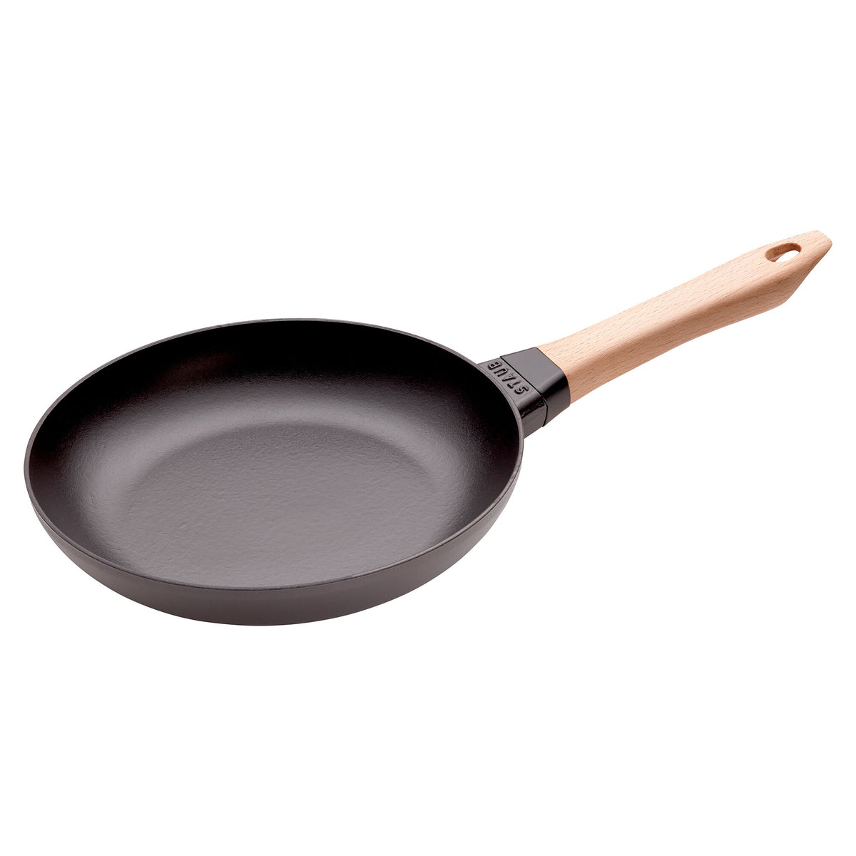 STAUB| Round Bare Cast Iron Frying Pan, Wooden Handle – Ø 24 cm - Black, No Pour Spout, Hanging Eye