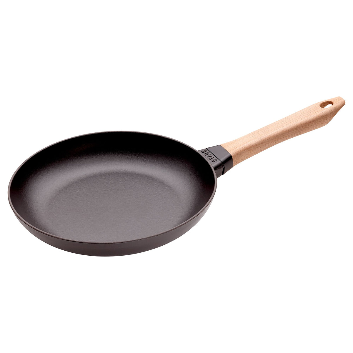 STAUB| Round Bare Cast Iron Frying Pan, Wooden Handle – Smooth Base - Black, No Pour Spout
