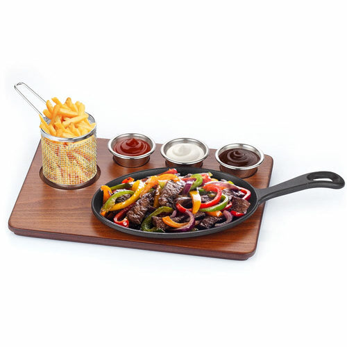 Tarjoilupannu - Fajita - 6-osainen setti - sis. 3 dipsikuppia ja frittikorin - valurautapannu varrella, AISI 304 -ruostumaton teräs, MDF-levy puukuvioinnilla - 350x260 mm - tarttumaton pinnoite
