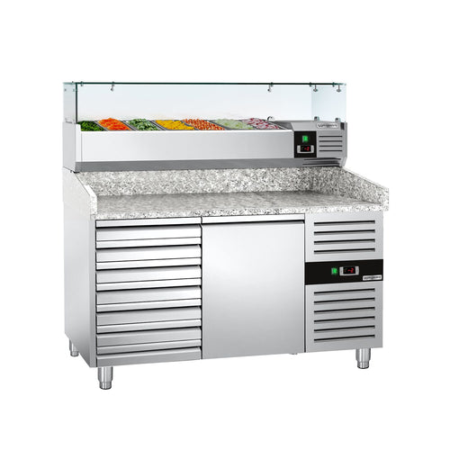 Pizzakylmäpöytä ECO - 1500x800 mm - 1 ovi & 7 vetolaatikkoa - sis. kylmävitriini lasisuojuksella - 7 GN 1/4 -astiaa