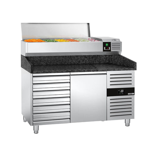 Pizzakylmäpöytä PREMIUM - 1500x800 mm - 1 ovea & 7 vetolaatikkoa - sis. kylmävitriini - 7 GN 1/4 -astiaa