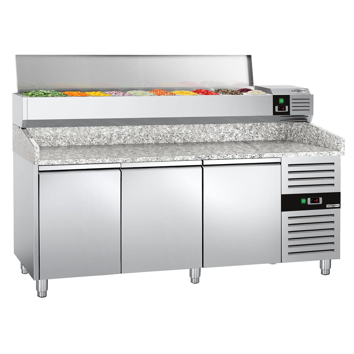 Pizzakylmäpöytä PREMIUM - 2025x800 mm - 3 ovea - sis. kylmävitriini lasisuojuksella LED-valaistuksella - 10 GN 1/4 -astiaa