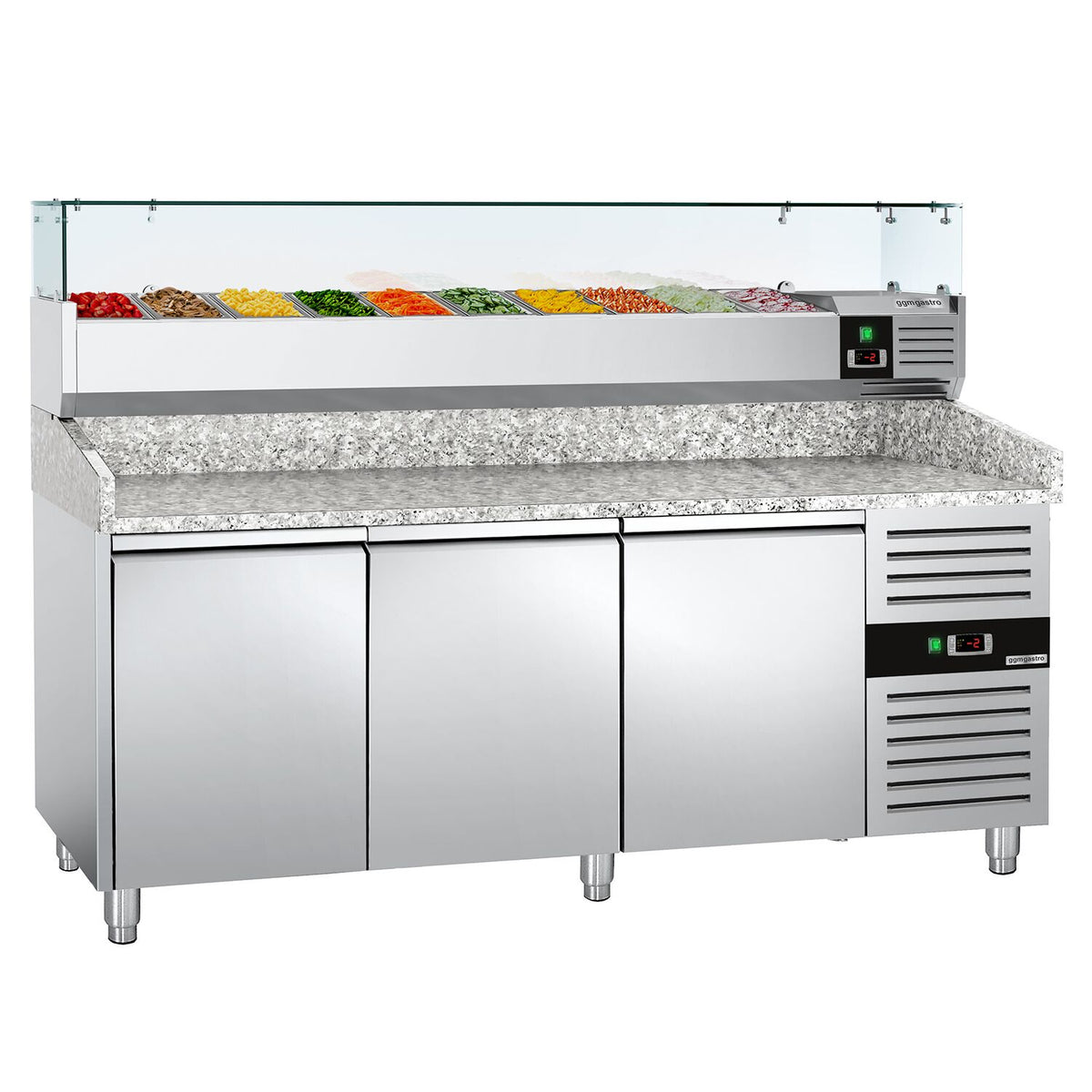 Commercial Pizza Prep Counter - Granite Top ECO - 2025x800mm - with 3 doors - incl. refrigerated topping unit with glass sneeze guard - 10x GN 1/4