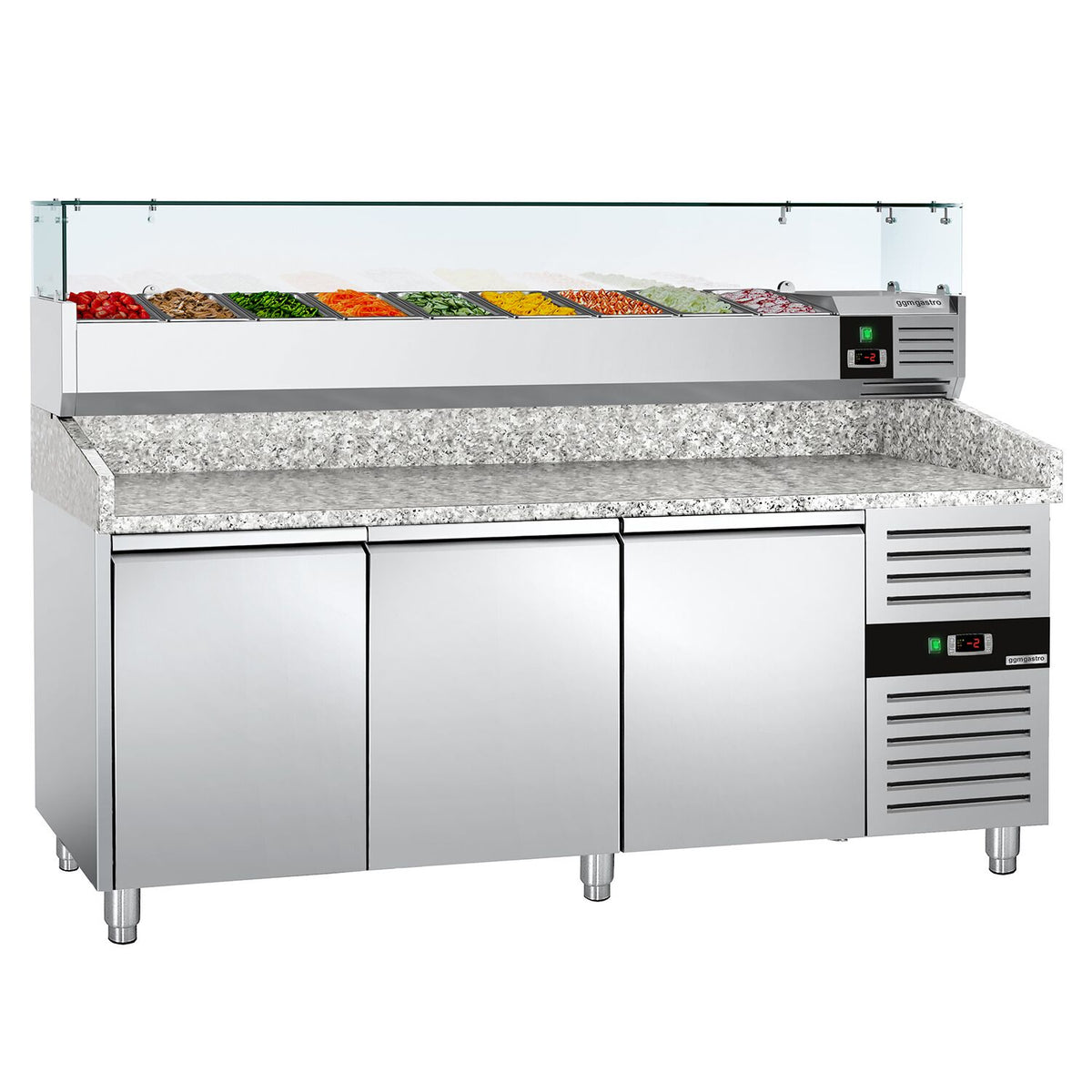Commercial Pizza Prep Counter - Granite Top ECO - 2025x800mm - with 3 doors - incl. refrigerated topping unit with glass sneeze guard - 9x GN 1/3