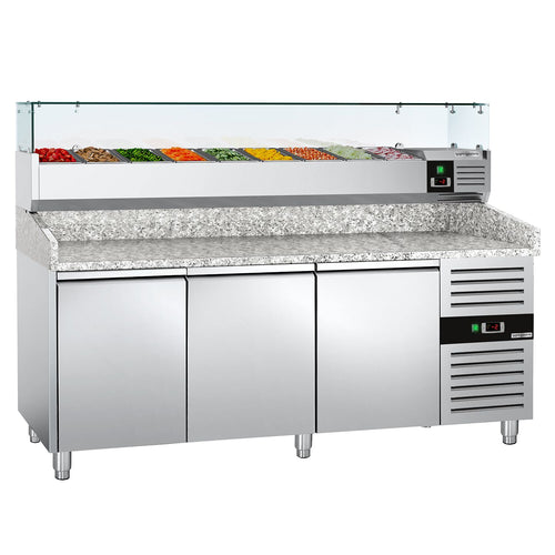Pizzakylmäpöytä ECO - 2025x800 mm - 3 ovea - sis. kylmävitriini lasisuojuksella - 9 x GN 1/3 -astiaa - 580 l