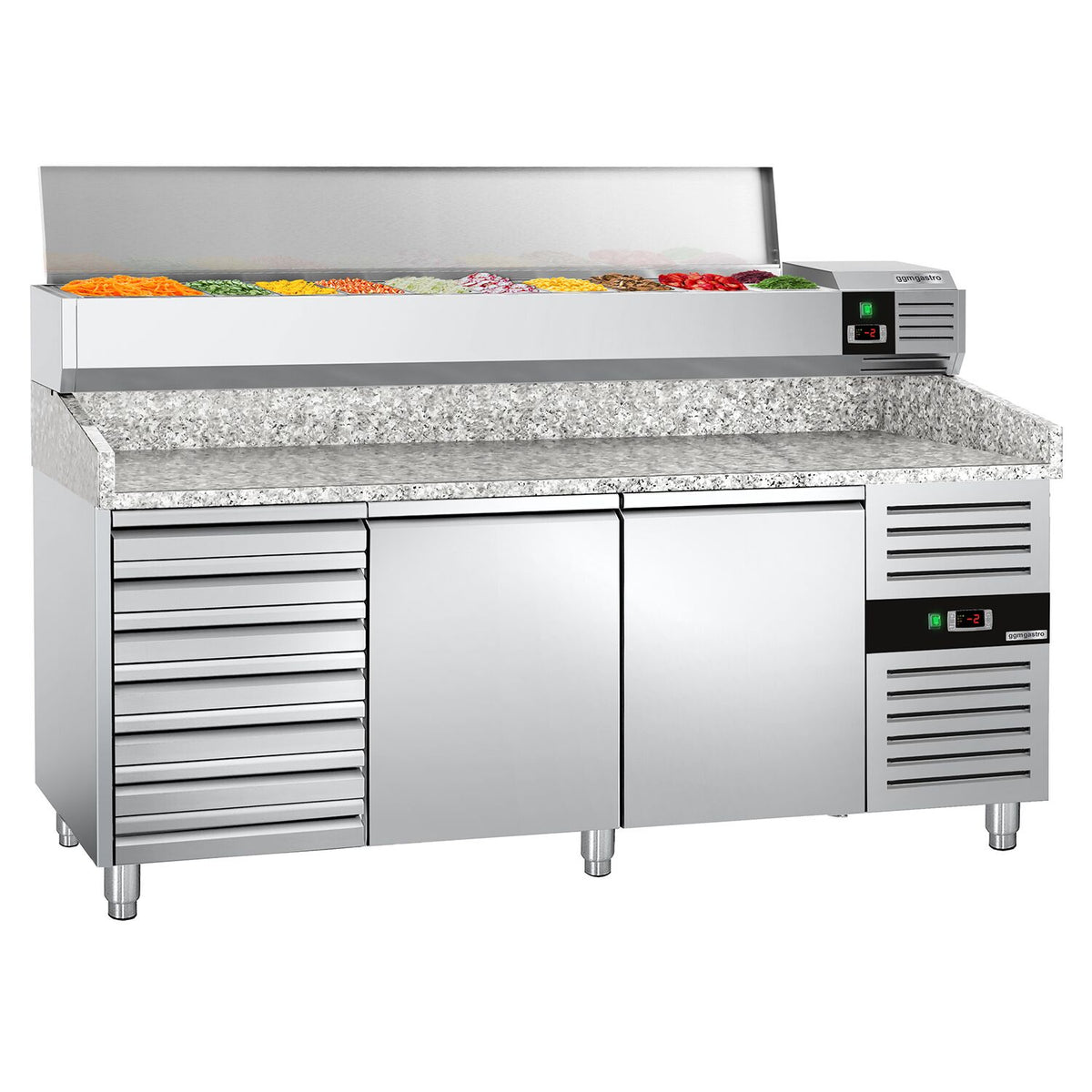 Pizzakylmäpöytä PREMIUM - 2000x800 mm - 2 ovea & 7 vetolaatikkoa - sis. kylmävitriini lasisuojuksella LED-valaistuksella - 10 GN 1/4 -astiaa