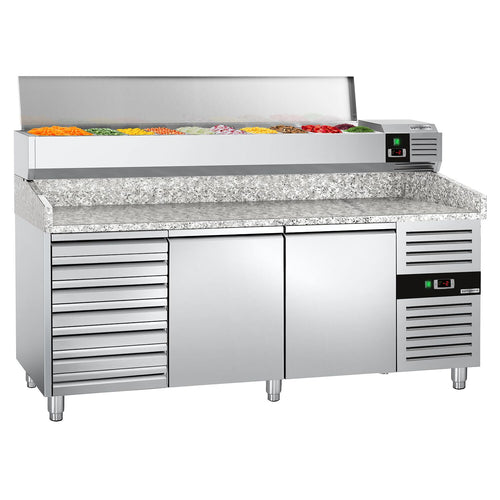 Pizzakylmäpöytä PREMIUM - 2000x800 mm - 2 ovea & 7 vetolaatikkoa - sis. kylmävitriini lasisuojuksella LED-valaistuksella - 10 GN 1/4 -astiaa