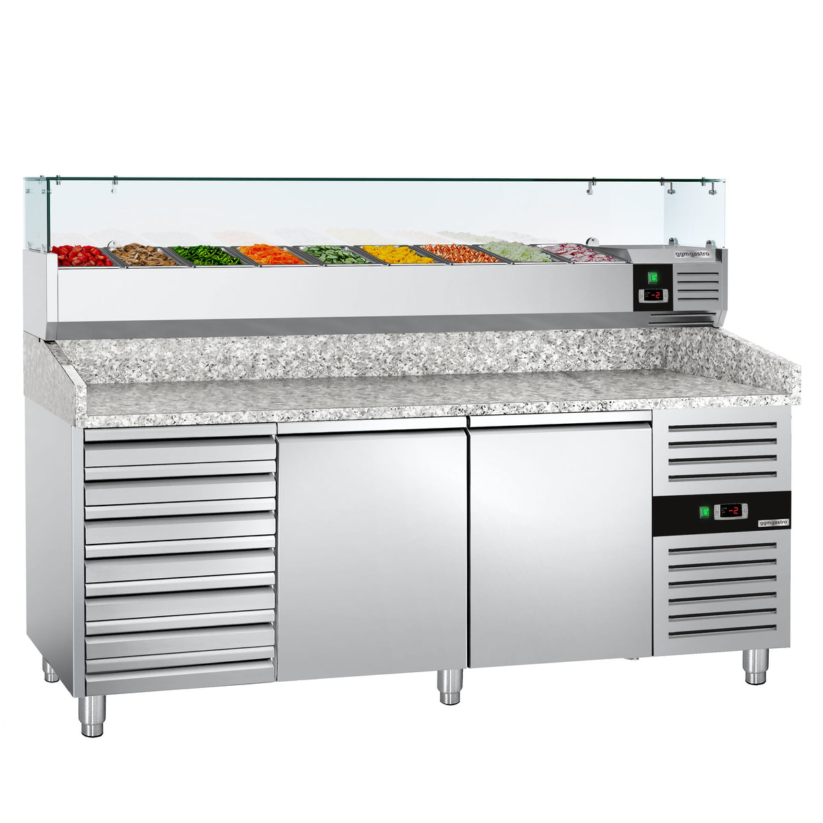 Commercial Pizza Prep Counter - Granite Top ECO - 2025x800mm - with 2 doors & 7 drawers - incl. refrigerated topping unit with glass sneeze guard - 10x GN 1/4