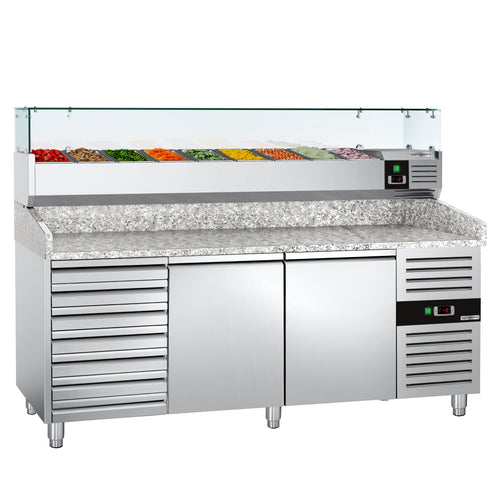 Pizzakylmäpöytä ECO - 2025x800 mm - 2 ovea & 7 vetolaatikkoa - sis. kylmävitriini lasisuojuksella - 10 GN 1/4 -astiaa