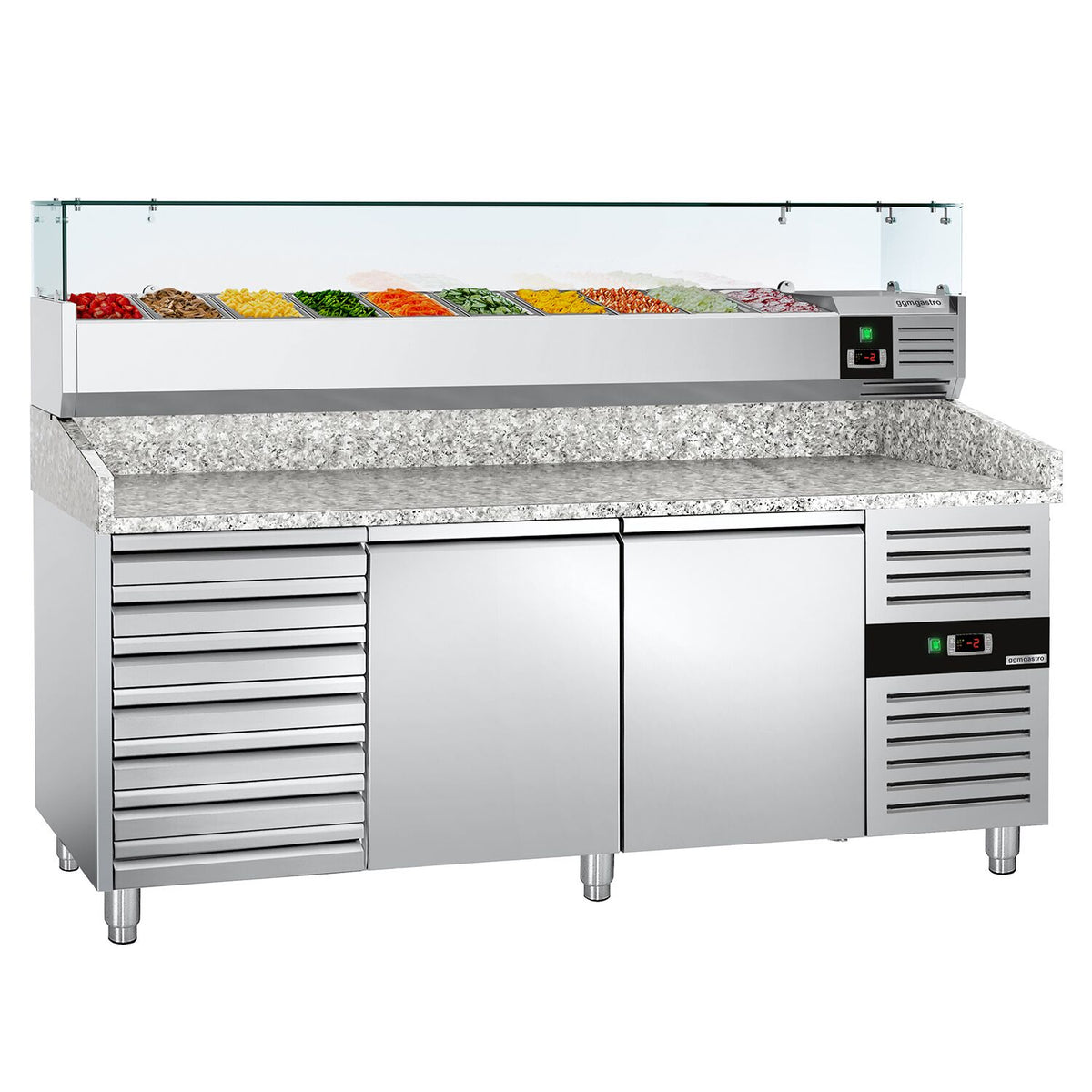 Pizzakylmäpöytä ECO - 2025x800 mm - 2 ovea & 7 vetolaatikkoa - sis. kylmävitriini lasisuojuksella - 9 x GN 1/3 -astiaa