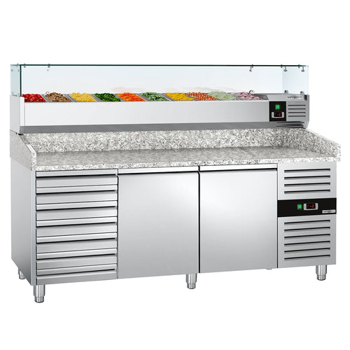 Pizzakylmäpöytä ECO - 2025x800 mm - 2 ovea & 7 vetolaatikkoa - sis. kylmävitriini lasisuojuksella - 9 x GN 1/3 -astiaa