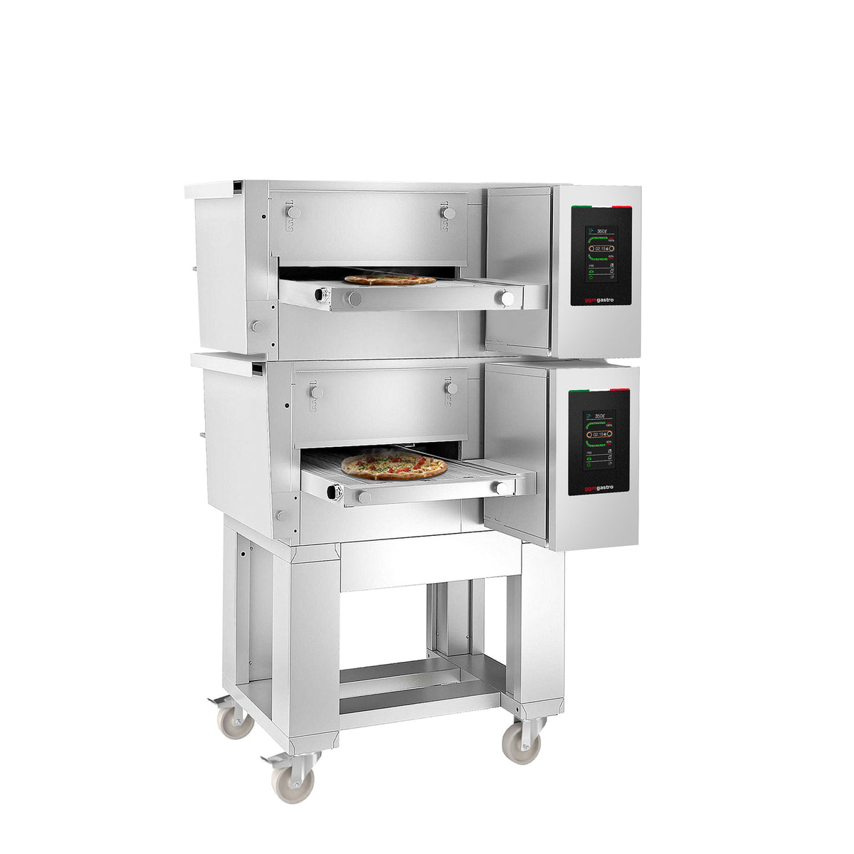 (2 kpl) Sähköinen tunnelipizzauuni - 1300x980 mm - enintään 350 °C - Kosketusohjaus - Hihnan leveys: 400 mm - sis. alarunko