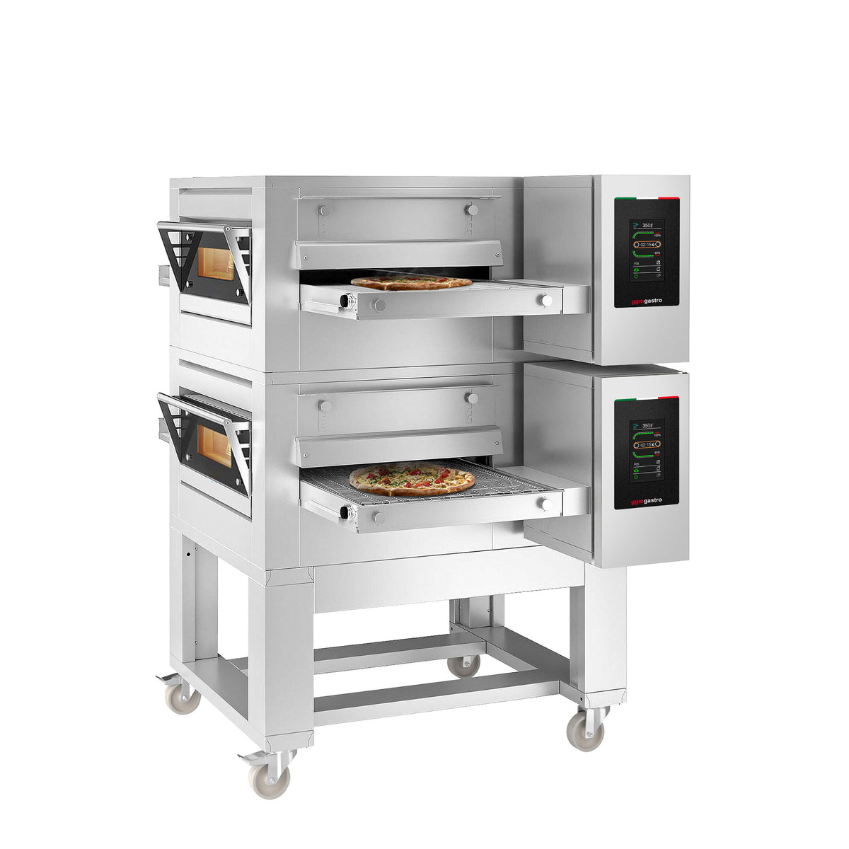 (2 kpl) Sähköinen tunnelipizzauuni - 1750x1260 mm - Kosketusohjaus - Hihnan leveys: 500 mm - enintään 350 °C - sis. alarunko