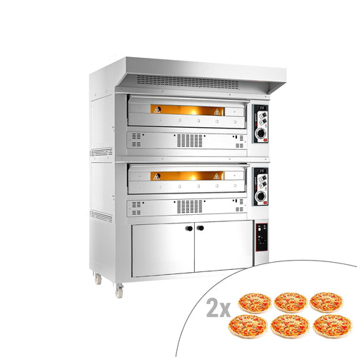 Kaasukäyttöinen pizzauuni (samottikivipohja) - 6+6 x Ø 33 cm - enintään 370 °C - Manuaalinen - sis. ruostumattomasta teräksestä huppu ja kohotuskaappi