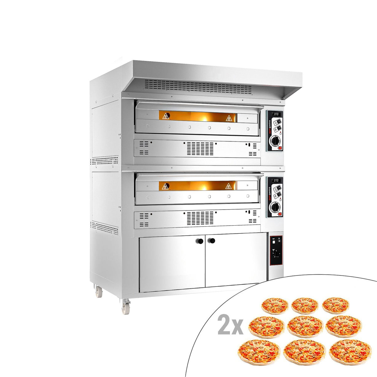 Kaasukäyttöinen pizzauuni (samottikivipohja) - 9+9 x Ø 33 cm - enintään 370 °C - Manuaalinen - sis. ruostumattomasta teräksestä huppu ja käyttölämpökaappi
