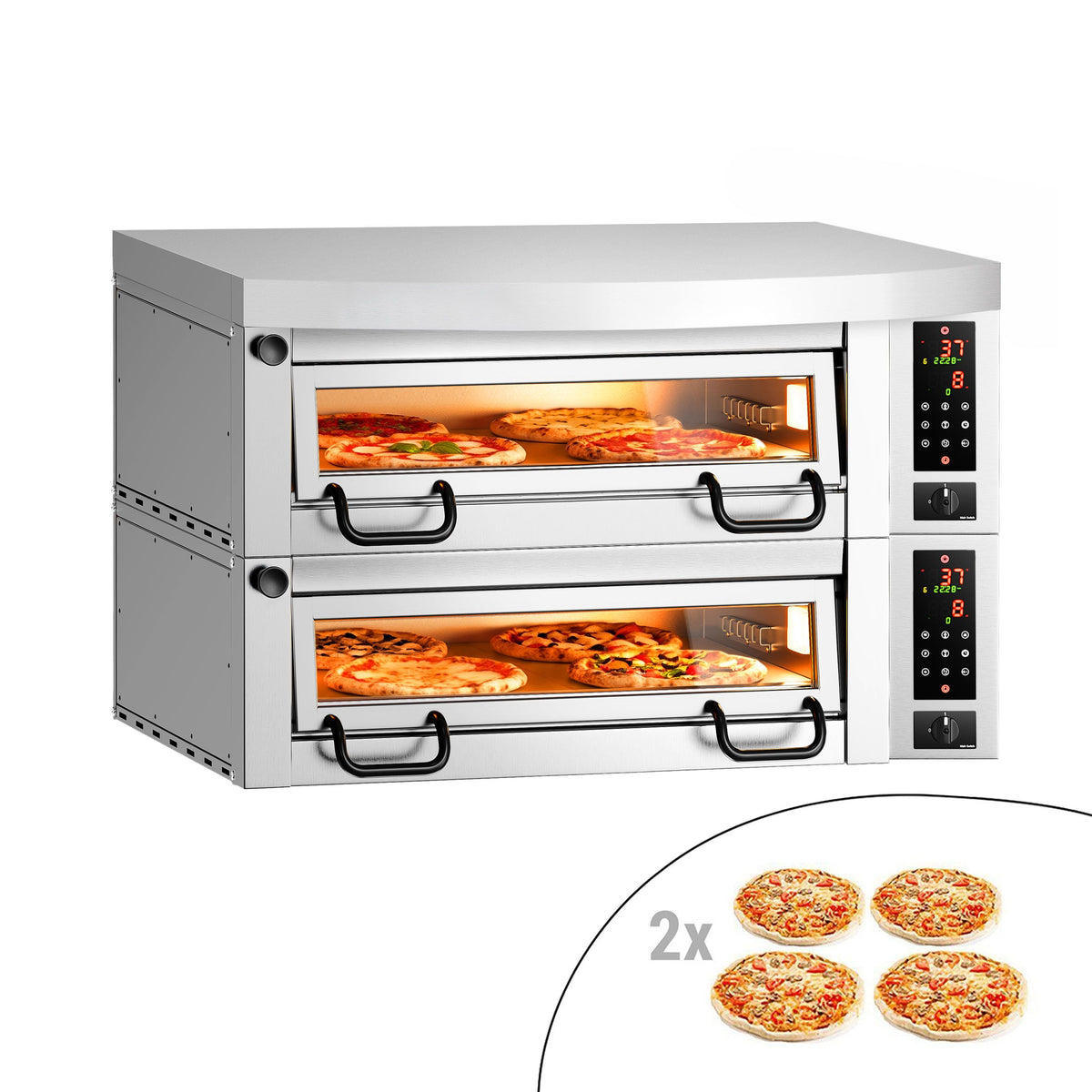 Sähköinen pizzauuni Power (samottikivipohja) - 1130x1010 mm - 4+4 x Ø 34 cm - enintään 450 °C - Digitaalinen - sis. huppu