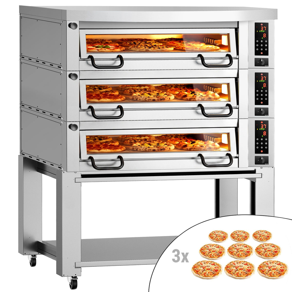 Sähköinen pizzauuni Power  (samottikivipohja) - 1480x1360 mm - 9+9+9 x Ø 34 cm - enintään 450 °C - Digitaalinen - sis. haube ja alarunko