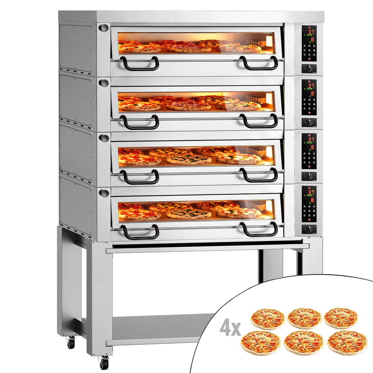 Sähköinen pizzauuni Power  (samottikivipohja) - 1480x923 mm - 6+6+6+6 x Ø 34 cm - enintään 430 °C - Digitaalinen - sis. huppu ja alarunko